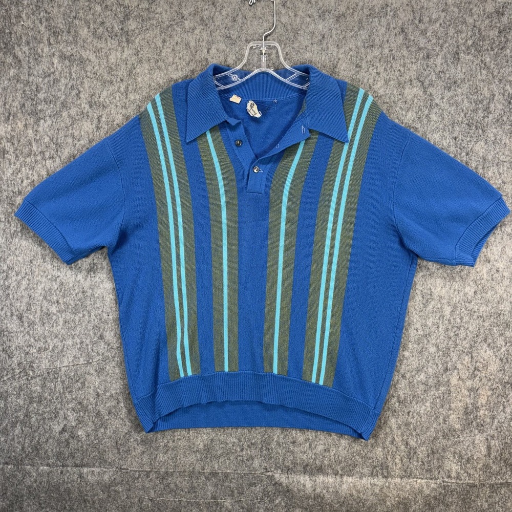True Vintage 60s Knit Polo Shirt Johnny Collar Mens Large Blue Stripe Rockabilly - Picture 1 of 8